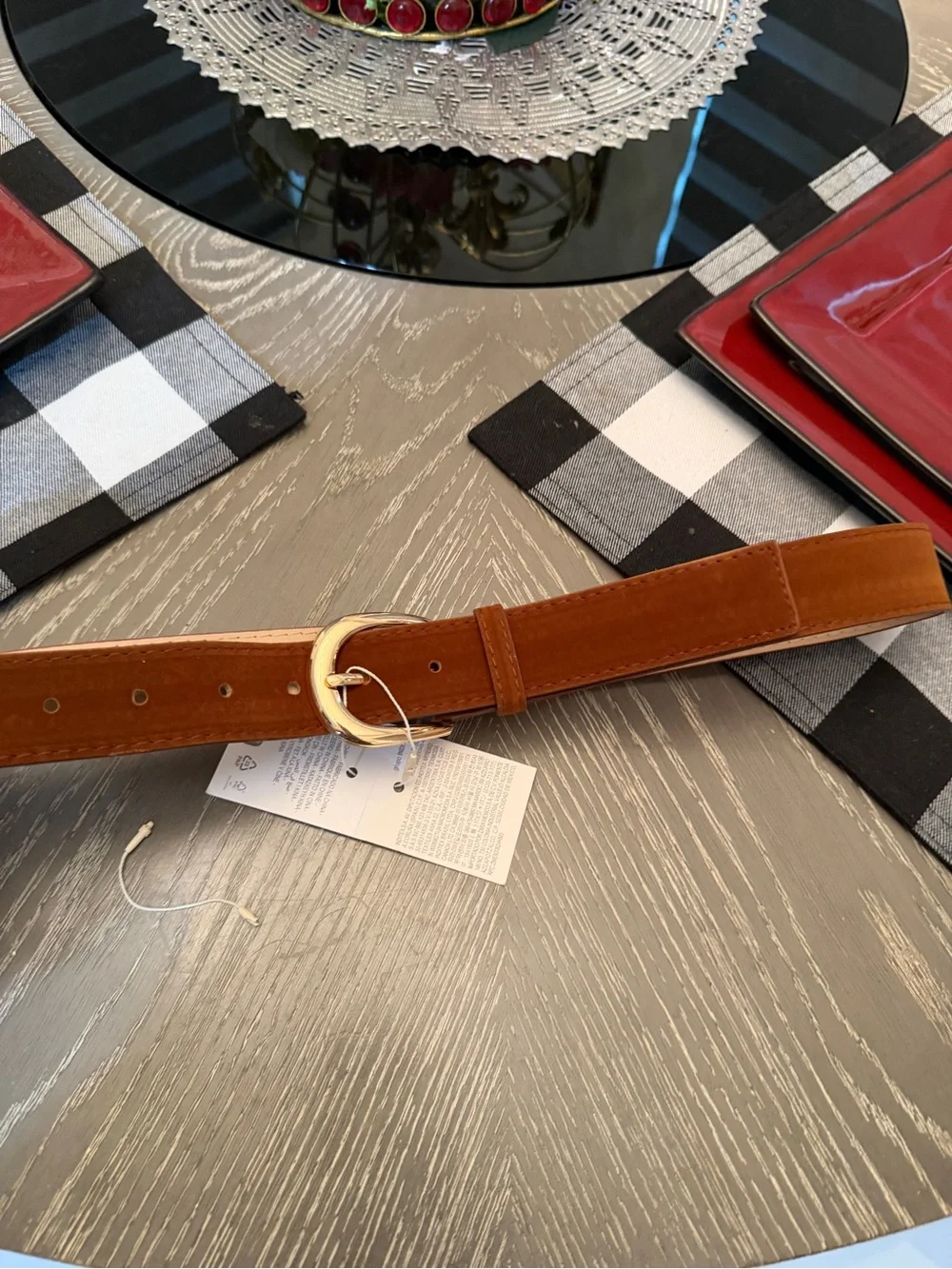 Zara Tan/Brown Leather Belt with Gold-Tone Buckle